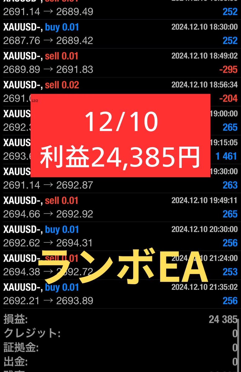 ランボ🐮FX相互フォロー🐮FX自動売買🐮GOLD🐮全通貨 (@lambo_ea) on Twitter photo 12/10【火】のEA実績です📈
_________________________
+¥24,385
________________________
となりました。
※各自利益を出金or資金移動し、利益を確保しながら稼働させてください。
※実績はフル稼働のものです。 12/10【火】のEA実績です📈
_________________________
+¥24,385
________________________
となりました。
※各自利益を出金or資金移動し、利益を確保しながら稼働させてください。
※実績はフル稼働のものです。