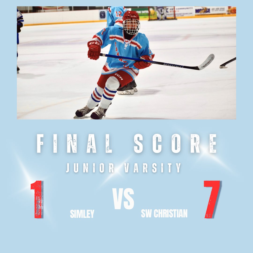 Simley JV 🆚 Southwest Christian

🔴 🏒 🔵

Simley - 1 (SOG  21)
Southwest Christian - 7 (SOG  37)

🥅 #31 Parker