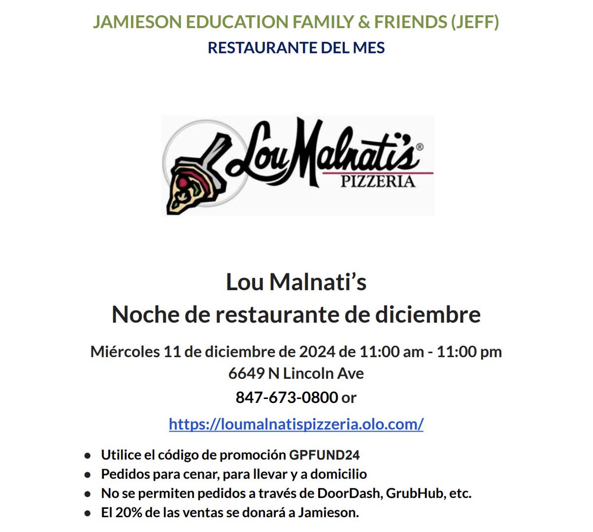 We have tomorrow's dinner figured out for you! JEFF's December Restaurant of the Month is Lou Malnati's on Lincoln Ave (Lincolnwood). Please support our school and enjoy your dinner!