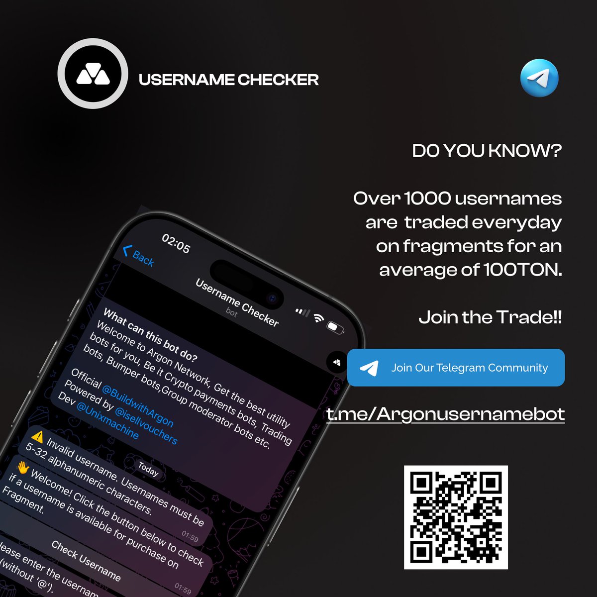 BuildwithArgon's tweet photo. Introducing the Username Checker Bot – a Telegram bot designed to instantly check the availability of usernames for trade on https://t.co/4ZraTDjOlW. Simply enter a desired username, and the bot will provide real-time updates on its trade status. Fast, user-friendly, and reliable – streamline your username search today!

https://t.co/y9C2x5C2dv