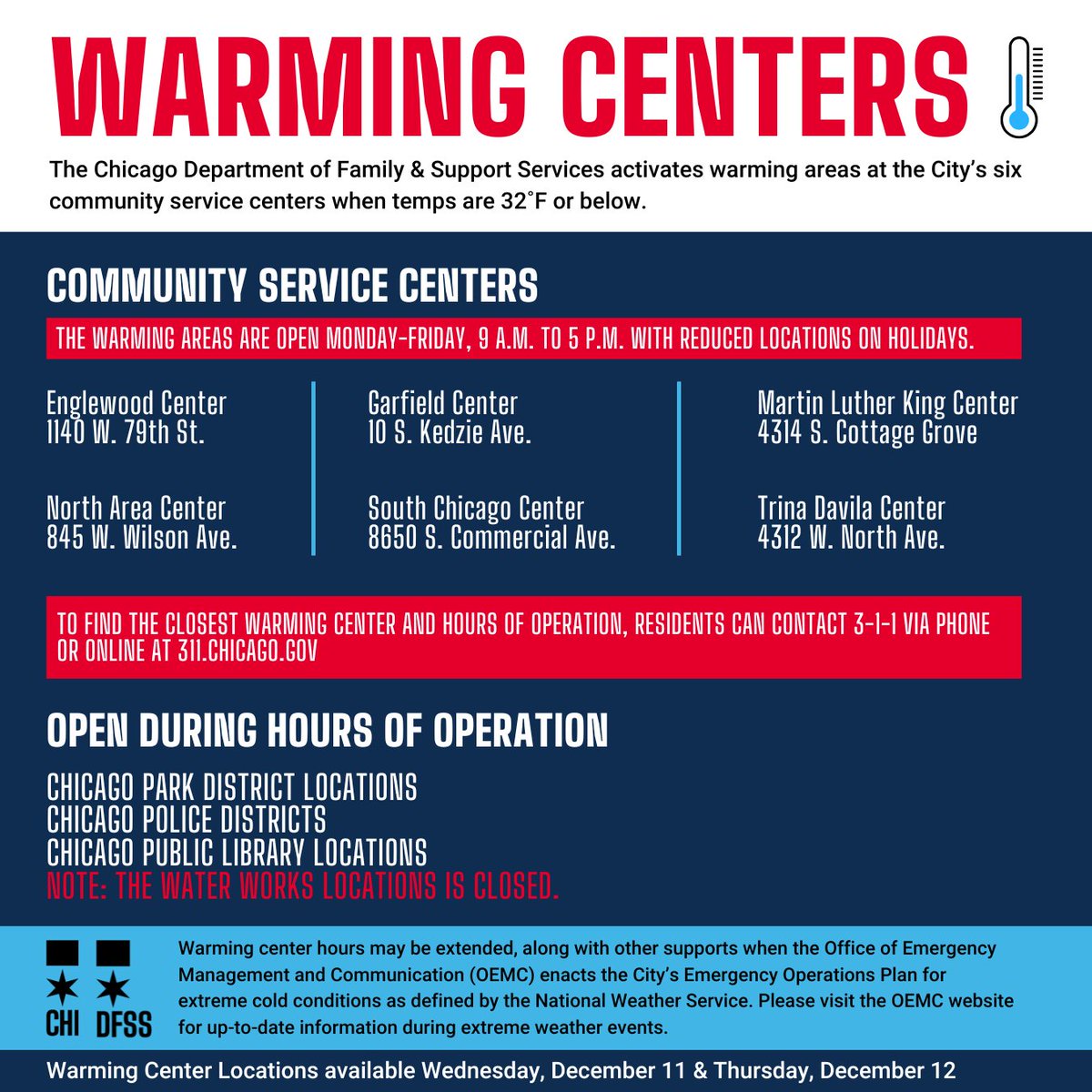 City of Chicago (@chicago) on Twitter photo Prepare for the cold! 🌬️ Chicago urges residents to take precautions as temps drop and wind chills hit below zero overnight (Dec 11-12). Check on loved ones, neighbors, and those in need. DFSS expands outreach for the unhoused. Stay updated @chifamsupport & <a href="/ChicagoOEMC/">Chicago OEMC</a>. Prepare for the cold! 🌬️ Chicago urges residents to take precautions as temps drop and wind chills hit below zero overnight (Dec 11-12). Check on loved ones, neighbors, and those in need. DFSS expands outreach for the unhoused. Stay updated @chifamsupport & <a href="/ChicagoOEMC/">Chicago OEMC</a>.