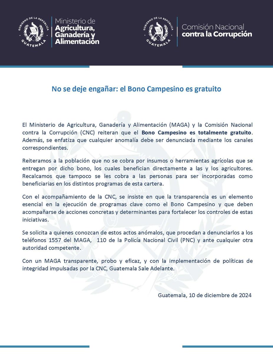 CNCguatemala's tweet photo. #ComunicadoCNC

No se deje engañar: el Bono Campesino es gratuito

@MagaGuatemala | @GuatemalaGob https://t.co/OJX2HR379b
