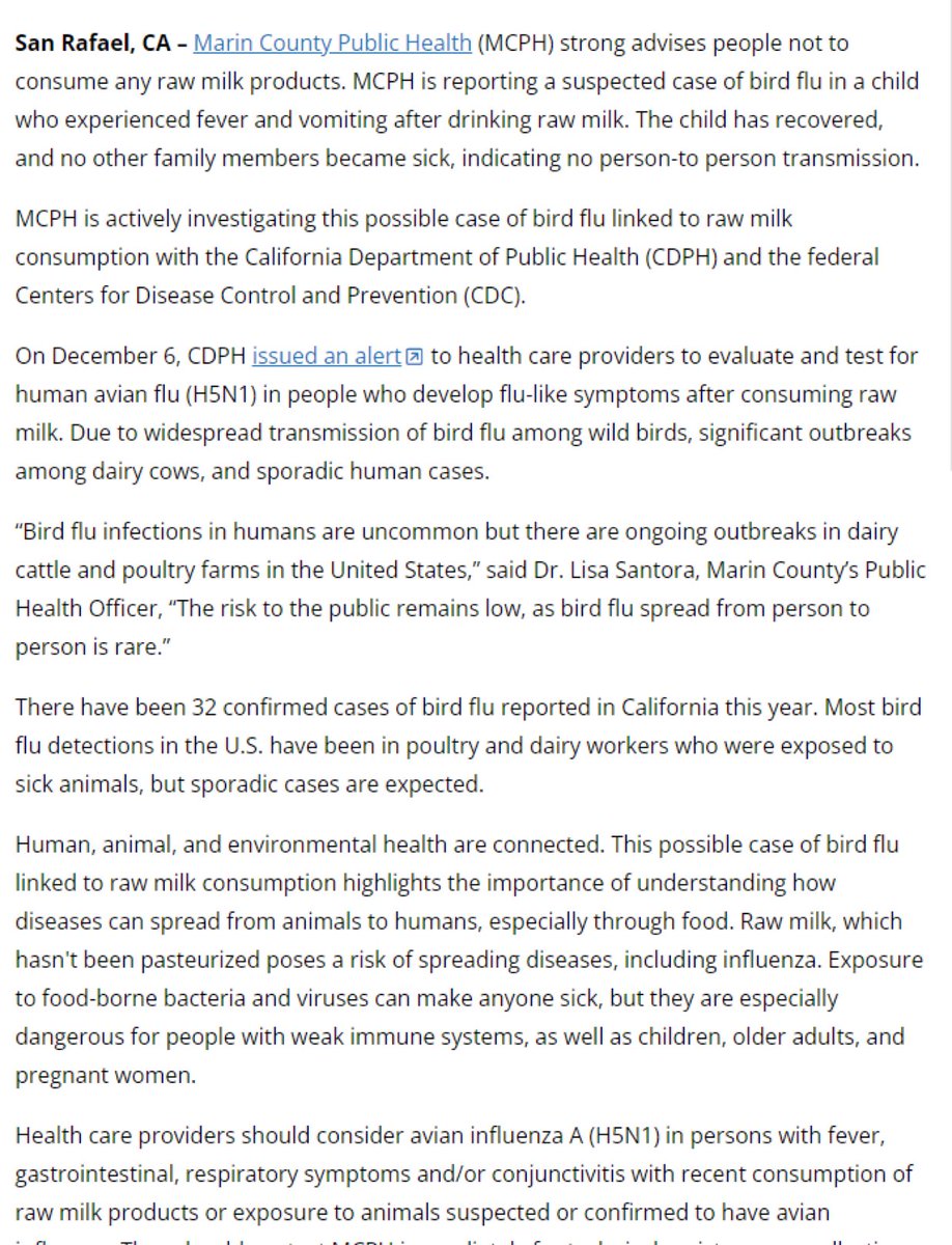 DrEricDing's tweet photo. A child in CA stricken with presumptive bird flu may have potentially contracted via raw milk. "Since announcing recalls of raw milk due to contamination with bird flu, CA public health experts have received reports of illnesses from 10 individuals who reported drinking raw milk” https://t.co/GGh4eOa8Iq