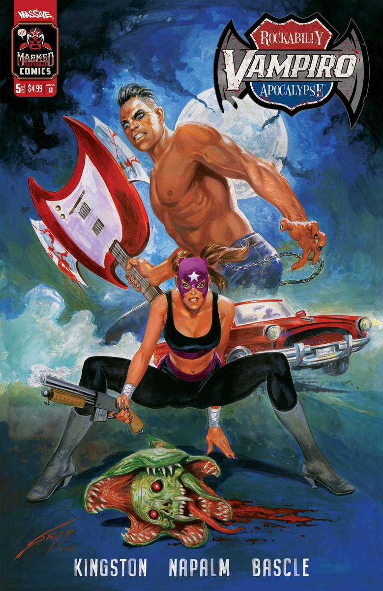maskedrepcomics's tweet photo. In comic shops now!  Vampiro: Rockabilly Apocalypse #2 starring @vampiro_vampiro! And - @PREVIEWSworld has now revealed the covers for #5 coming in Feb from Rafael Gallur, series artist Napalm and @themicellis! https://t.co/sdeenUwsXY