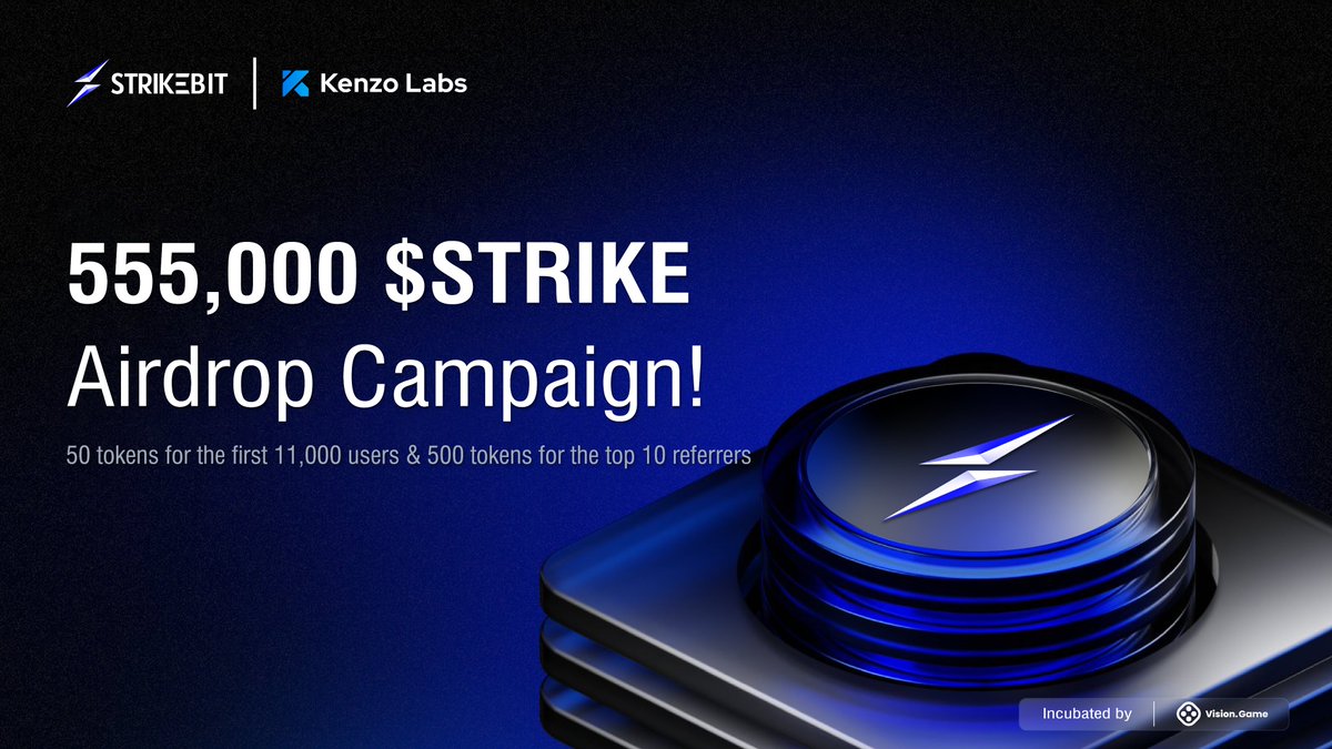 🚀 Airdrop Alert! 🚀

We've partnered with <a href="/StrikeBitDeFI/">StrikeBit AI</a> to bring you an exciting airdrop with a reward of 555,000 $STRIKE tokens! 🎉

💰 How to participate:
1️⃣ Join the airdrop via our bot: t.me/StrikeBitAirdr…
2️⃣ Follow <a href="/Kenzo_Labs/">Kenzo Labs</a> &amp; <a href="/StrikeBitDeFI/">StrikeBit AI</a>
3️⃣ Like, QRT this post &amp;