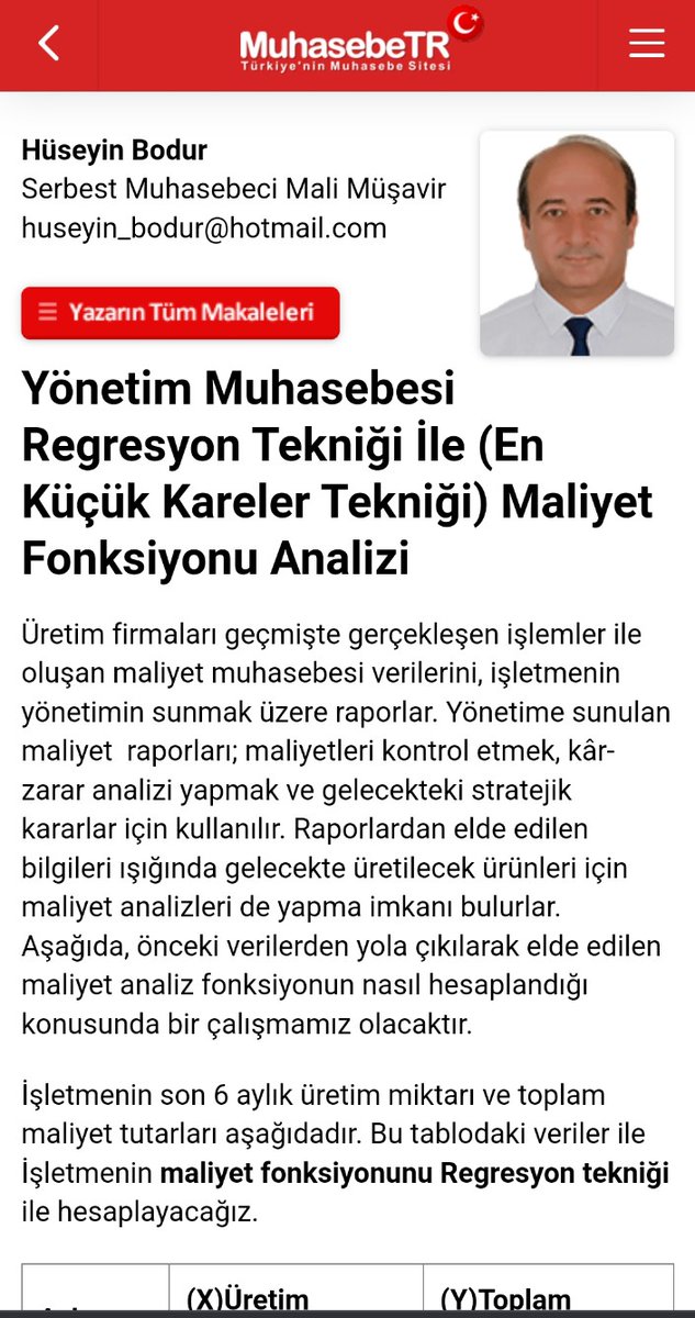 Yönetim Muhasebesinde Regresyon Tekniği İle (En Küçük Kareler Tekniği) Maliyet Fonksiyonu Analizi konulu makalem .Faydalı olması dileklerimle..
muhasebetr.com/yazarlarimiz/h…