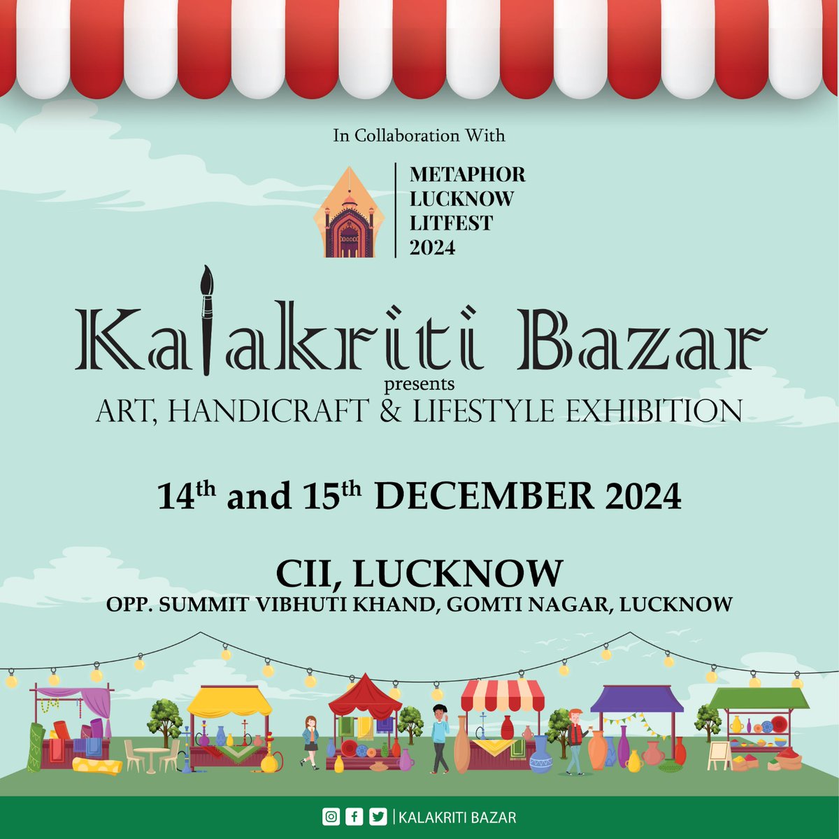 This December, celebrate creativity and craftsmanship with Kalakriti Bazar - Art and Handicraft Exhibition in collaboration with Metaphor Lucknow LitFest! ✨

🗓️ Dates: 14th &amp; 15th December 2024

📍 Venue: CII, Vibhuti Khand, Gomti Nagar, Lucknow