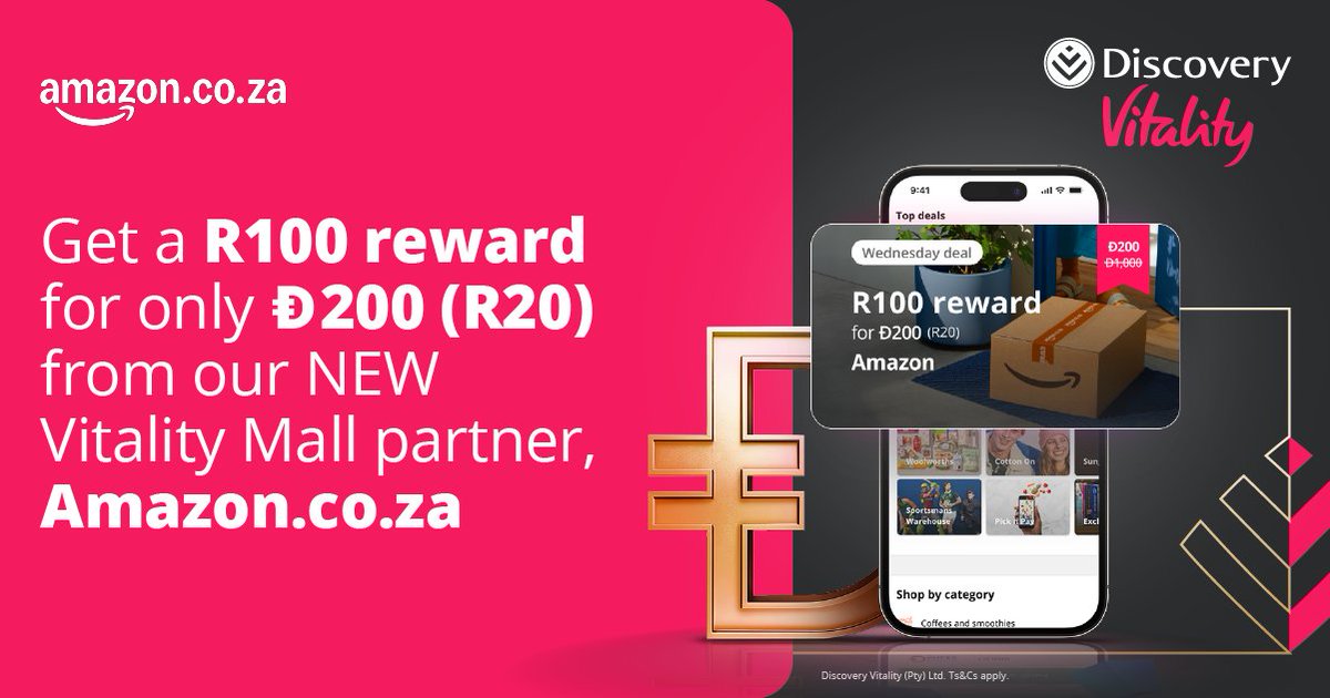 Vitality_SA's tweet photo. Your #RewardsWednesday Super Summer Deal is too hot to handle! 🔥😎 Today only, get a R100 @Amazon reward in the Vitality Mall for just Ð200 (R20).
While stocks last. ⌛ Ts&Cs apply: https://t.co/RAYy5UpLpL
#SummerwithaV https://t.co/b82gCBxDvH