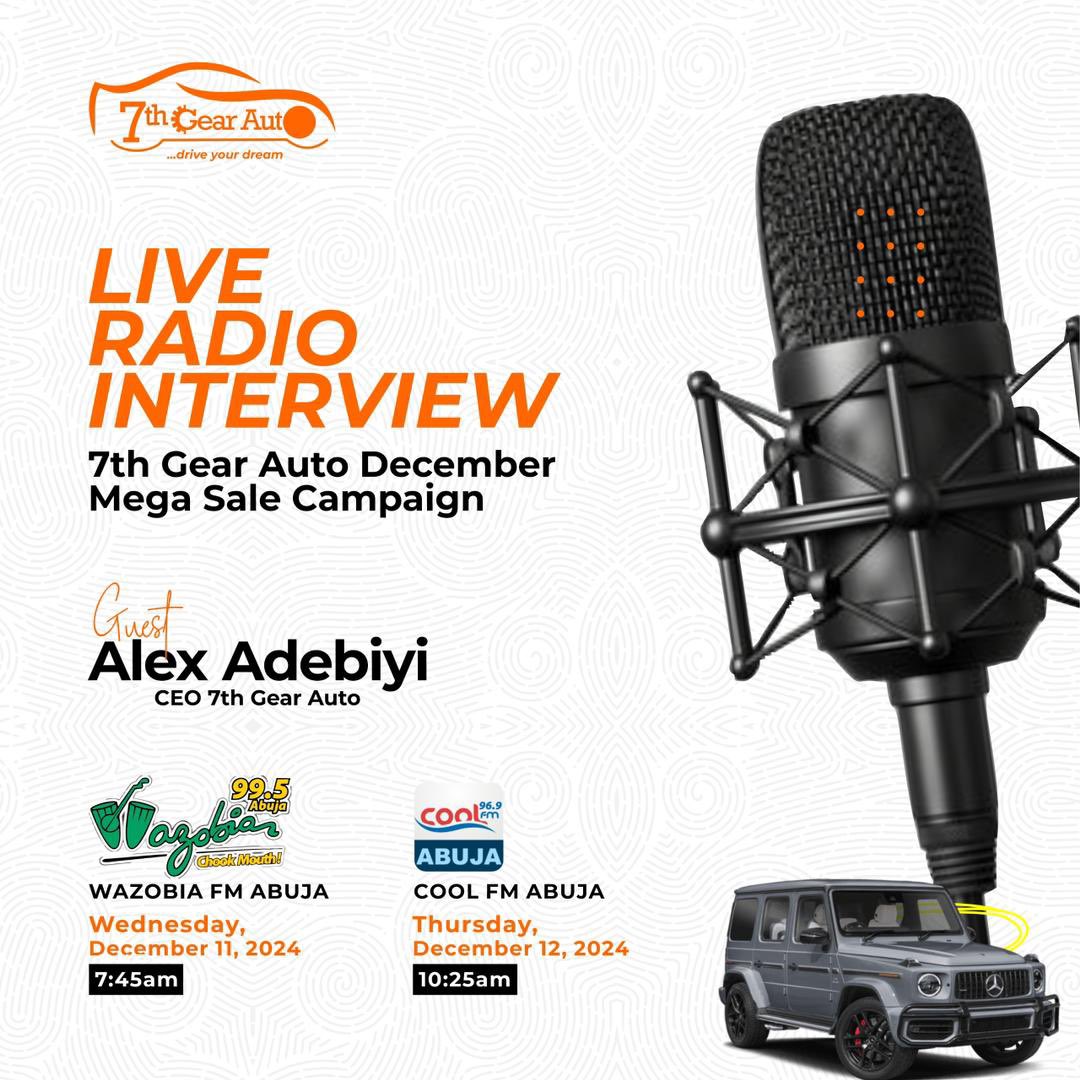 7thGearAutos's tweet photo. Catch our CEO live on @WazobiaFMAbuja this morning at 7:45 AM! 🚗✨ Don’t miss out as he talks about the 7th Gear Auto December Mega Sale. Tune in and hear what’s driving the hottest deals in Abuja here: https://t.co/QjWdYFodBn
#LiveRadioInterview #7thGearAuto #DecemberMegaDeals https://t.co/lD5HV3Zr4e