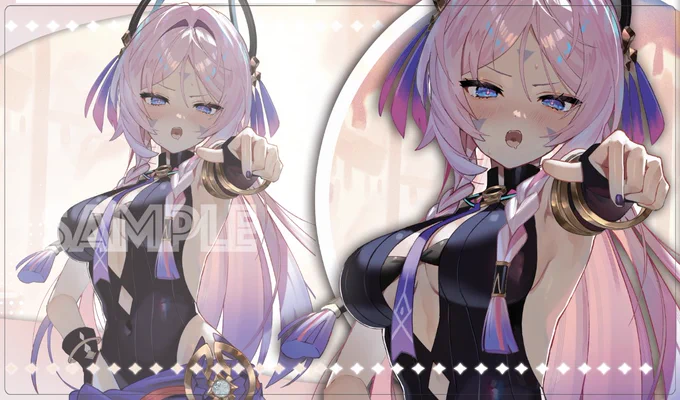 C105/エア冬コミ 新作発表⑮シトラリ の スリーブ(一部が光ってます) や プレイマット になります!イラストレーターは スコッティ() 様です。※プレイマットはフルアート版と横版の2種類があります。 