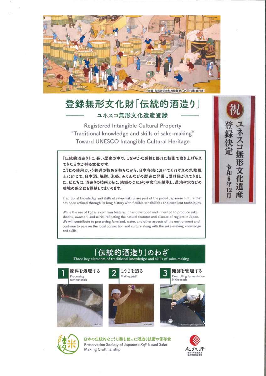 tokyosakebrewer's tweet photo. ユネスコは日本酒や本格焼酎、泡盛などの「伝統的酒造り」を2024年12月5日に無形文化遺産に登録しました。

この無形文化遺産登録を機に、こうじ菌と人の技によって醸される國酒が、世界の食文化の多様性に大きく貢献することを願っています。
＃ユネスコ
＃麹菌
＃酒造り
＃unesco
#sakemaking https://t.co/Ye0Bop7t9b