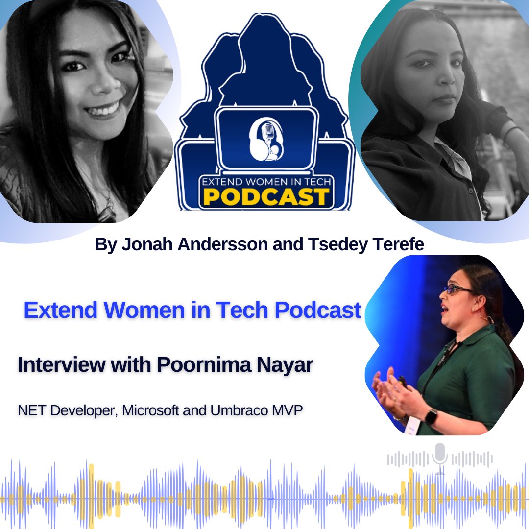 New episode at <a href="/extendwomentech/">ExtendWomenInTechPodcast</a> podcast 🎉 In this episode, podcast hosts <a href="/cjkodare/">Jonah Andersson</a> <a href="/TsediD/">tsediTerefe</a> interviewed Microsoft MVP, Umbraco MVP and developer <a href="/PoornimaNayar/">Poornima Nayar</a> 🎙️
🎧 Listen on Spotify open.spotify.com/episode/7iWuit… 

#womenintech #techpodcast #extendwomenintech #community #developer