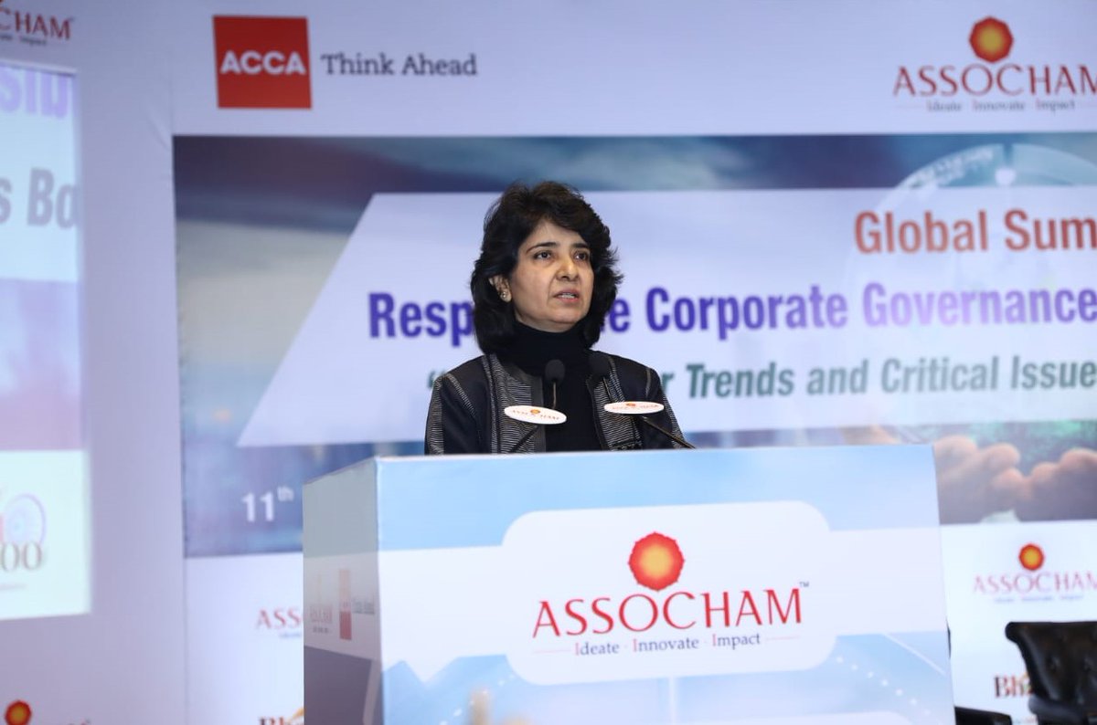 ASSOCHAM4India's tweet photo. Ms. Preeti Malhotra, Chair, ASSOCHAM National Council for Corporate Affairs, Company Law and Corporate Governance, while delivering her #WelcomeAddress at the #ASSOCHAM Global Summit on Responsible Corporate Governance & Sustainability Reporting delved into:
💡the importance of all three pillars—economic, social, and governmental
💡the changing trends in reporting, with investors seeking insights for a competitive edge
💡2025 being a pivotal year for developing nations
💡the significance of mandatory adherence to sustainability guidelines issued by SEBI