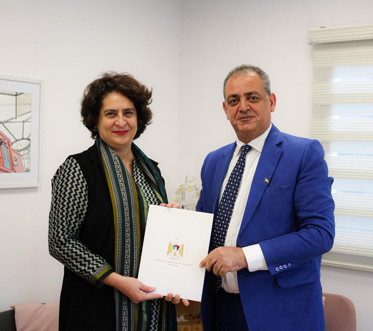ANI's tweet photo. Palestine Embassy Charge d’affaires Dr Abed Elrazeg Abu Jazer met Congress MP Priyanka Gandhi Vadra at her residence to congratulate her on her victory as a member of the Indian parliament in the 18th Lok Sabha (Wayanad) constituency.

Priyanka Gandhi Vadra affirmed her support for the Palestinian people's struggle to achieve their aspirations of freedom and independence. She added that she had lived the Palestinian cause since childhood and believed in its justice. Moreover, she mentioned meeting the Palestinian leader Yasser Arafat multiple times as a child during his visits to India to meet with either the former prime minister- Mrs. Indira Gandhi, or Mr. Rajiv Gandhi: Palestine Embassy Charge d’affaires Dr. Abed Elrazeg Abu Jazer

(Source: Palestine Embassy Charge d’affaires Dr. Abed Elrazeg Abu Jazer)
