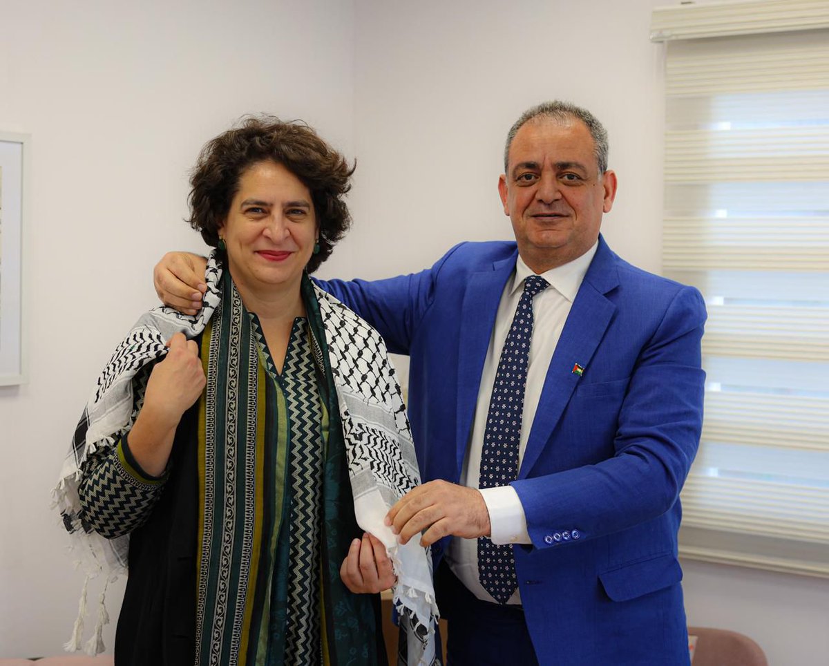ANI's tweet photo. Palestine Embassy Charge d’affaires Dr Abed Elrazeg Abu Jazer met Congress MP Priyanka Gandhi Vadra at her residence to congratulate her on her victory as a member of the Indian parliament in the 18th Lok Sabha (Wayanad) constituency.

Priyanka Gandhi Vadra affirmed her support for the Palestinian people's struggle to achieve their aspirations of freedom and independence. She added that she had lived the Palestinian cause since childhood and believed in its justice. Moreover, she mentioned meeting the Palestinian leader Yasser Arafat multiple times as a child during his visits to India to meet with either the former prime minister- Mrs. Indira Gandhi, or Mr. Rajiv Gandhi: Palestine Embassy Charge d’affaires Dr. Abed Elrazeg Abu Jazer

(Source: Palestine Embassy Charge d’affaires Dr. Abed Elrazeg Abu Jazer)