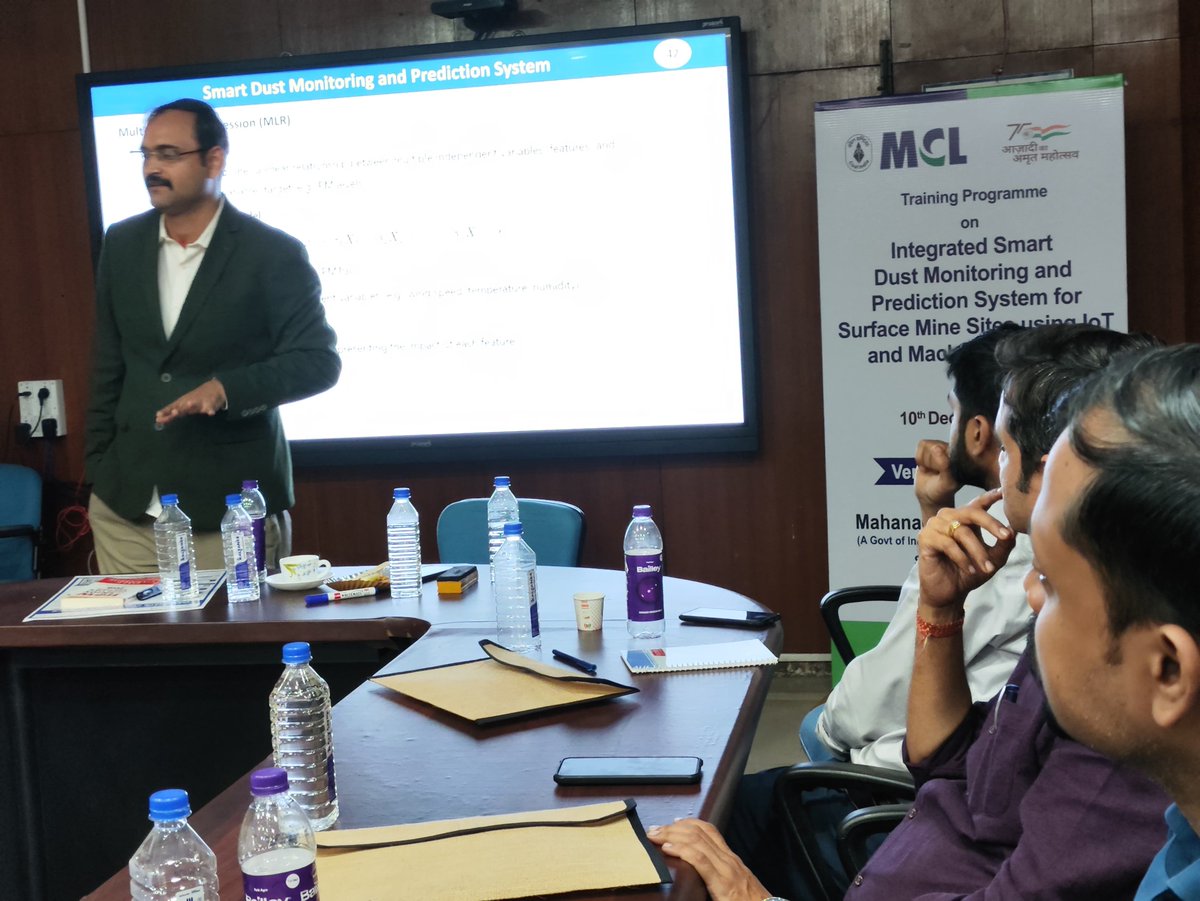 mahanadicoal's tweet photo. 𝗧𝗥𝗔𝗜𝗡𝗜𝗡𝗚 𝗢𝗡 𝗧𝗘𝗖𝗛 𝗙𝗢𝗥 𝗘𝗙𝗙𝗘𝗖𝗧𝗜𝗩𝗘 𝗗𝗨𝗦𝗧 𝗖𝗢𝗡𝗧𝗥𝗢𝗟!

A special training programme on "Integrated Smart Dust Monitoring and Prediction System for Surface Mine Sites using IoT and Machine Learning" was organized at MCL HQ’s Management Training Institute. The session equipped executives with cutting-edge IT and ML tools for effective dust control, exploring smart sensors, real-time data analysis, and predictive modeling. 

This hands-on training empowered participants to revolutionize dust management in surface mining, ensuring operational efficiency, environmental sustainability, and enhanced health and safety standards through practical applications of integrated dust monitoring.

#Training #machinelearning #SurfaceMining #EnvironmentalSustainability #SustainableMining #DigitalTransformation #MyMCL

@CoalIndiaHQ @CoalMinistry