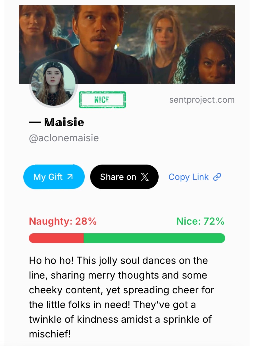 ACloneMaisie's tweet image. it would appear she’s on the nice list.