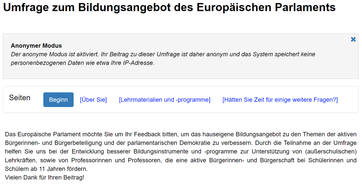 #twlz, das <a href="/Europarl_EN/">European Parliament</a>/<a href="/Europarl_AT/">Europaparlament</a> lädt PädagogInnen zur Beteiligung an der Umfrage zur Weiterentwicklung der hauseigenen Bildungsangebote für die 🇪🇺-#PolitischeBildung (ab 11) ein.
Geben Sie bis 5. Jänner Rückmeldungen zu Ihren Bedürfnissen/Erfahrungen: ec.europa.eu/eusurvey/runne…