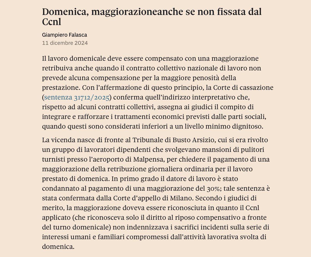 🗓️ Il lavoro domenicale deve essere remunerato anche se CCNL non riconosce alcuna tutela specifica. Mentre la politica discute a vuoto sul salario minimo, la giurisprudenza mette in campo la sua riforma, dando ai giudici l’ultima parola nella definizione dei livelli retributivi