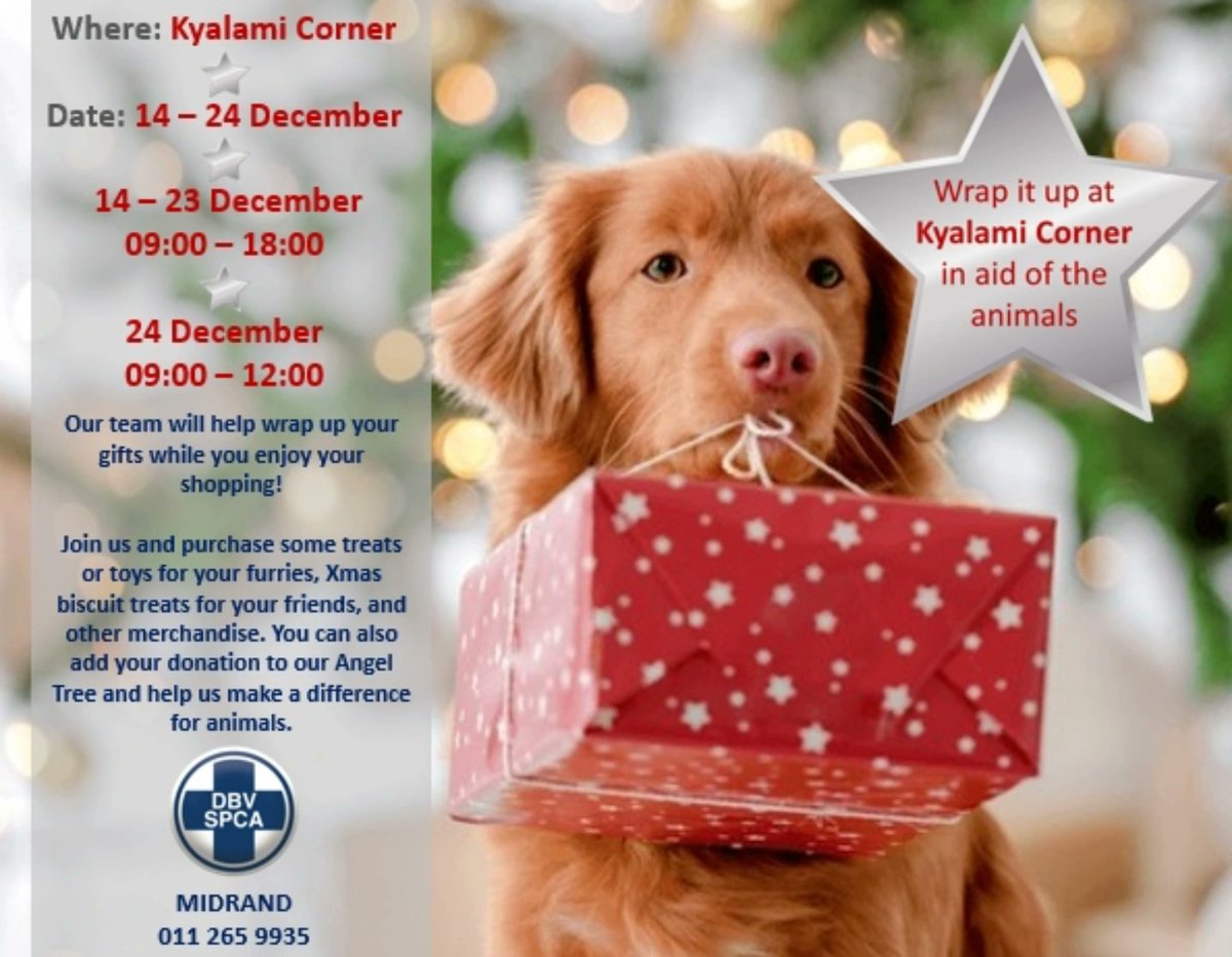 WRAPPING IT UP FOR PAWS! 🐾

Join us at Kyalami Corner from 14 - 24 December where we will be wrapping it up for the Animals! Our team will help wrap up your gifts while you enjoy your shopping

#MidrandSPCA #wrappingitupforpaws