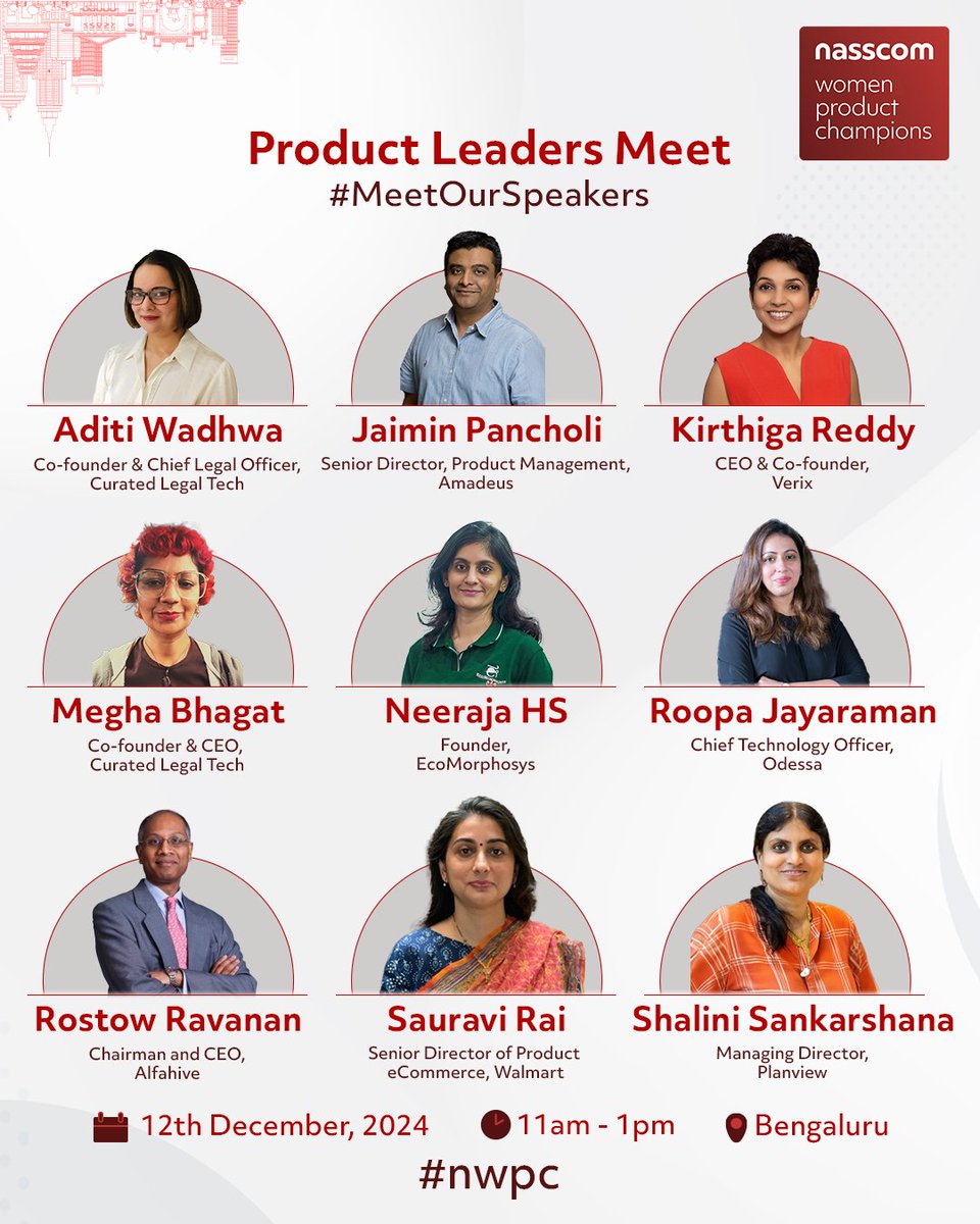nasscomdeeptech's tweet photo. Announcing the speakers and agenda for #NWPC Product Leaders meet. Join us for an exclusive gathering of #product and #tech practitioners with 10+ years of experience! 

Be part of the Women Product Champions – Product Leaders Meet.
📅 Date: December 12th
⏰ Time: 11:00 AM to 1:00 PM
📍 Location: Bangalore Hyatt Centric MG Road

Don’t miss this opportunity to be inspired and #network with the best in the industry!

@MKritika_ @ShaliniDewan @jnpancholi @Kirthigareddy @megha_bhagat @sshalini @Curated_Ind @AmadeusITGroup @verix_inc @ecomorphosys_in @odessatech @alfahive @Walmart @Planview