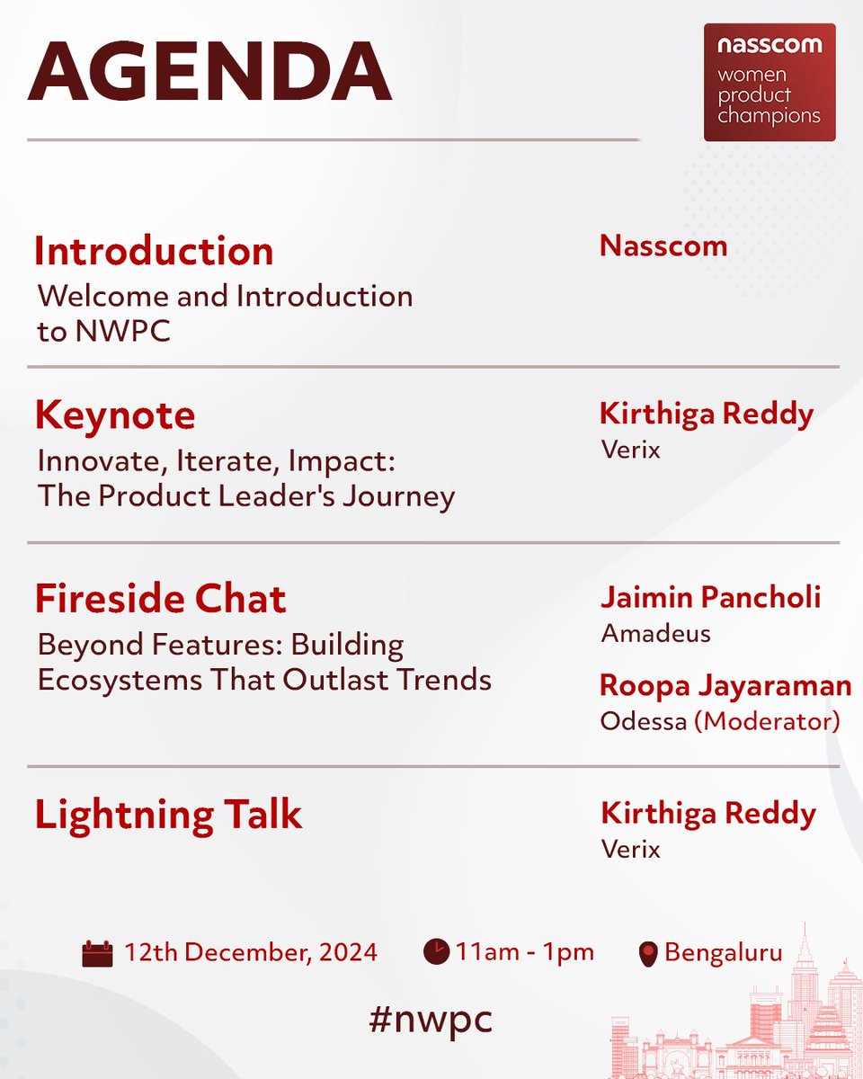 nasscomdeeptech's tweet photo. Announcing the speakers and agenda for #NWPC Product Leaders meet. Join us for an exclusive gathering of #product and #tech practitioners with 10+ years of experience! 

Be part of the Women Product Champions – Product Leaders Meet.
📅 Date: December 12th
⏰ Time: 11:00 AM to 1:00 PM
📍 Location: Bangalore Hyatt Centric MG Road

Don’t miss this opportunity to be inspired and #network with the best in the industry!

@MKritika_ @ShaliniDewan @jnpancholi @Kirthigareddy @megha_bhagat @sshalini @Curated_Ind @AmadeusITGroup @verix_inc @ecomorphosys_in @odessatech @alfahive @Walmart @Planview