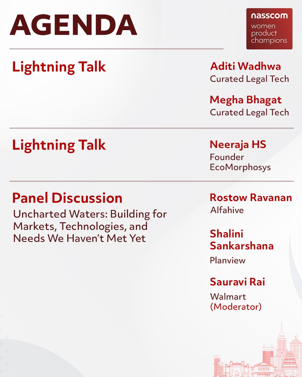nasscomdeeptech's tweet photo. Announcing the speakers and agenda for #NWPC Product Leaders meet. Join us for an exclusive gathering of #product and #tech practitioners with 10+ years of experience! 

Be part of the Women Product Champions – Product Leaders Meet.
📅 Date: December 12th
⏰ Time: 11:00 AM to 1:00 PM
📍 Location: Bangalore Hyatt Centric MG Road

Don’t miss this opportunity to be inspired and #network with the best in the industry!

@MKritika_ @ShaliniDewan @jnpancholi @Kirthigareddy @megha_bhagat @sshalini @Curated_Ind @AmadeusITGroup @verix_inc @ecomorphosys_in @odessatech @alfahive @Walmart @Planview