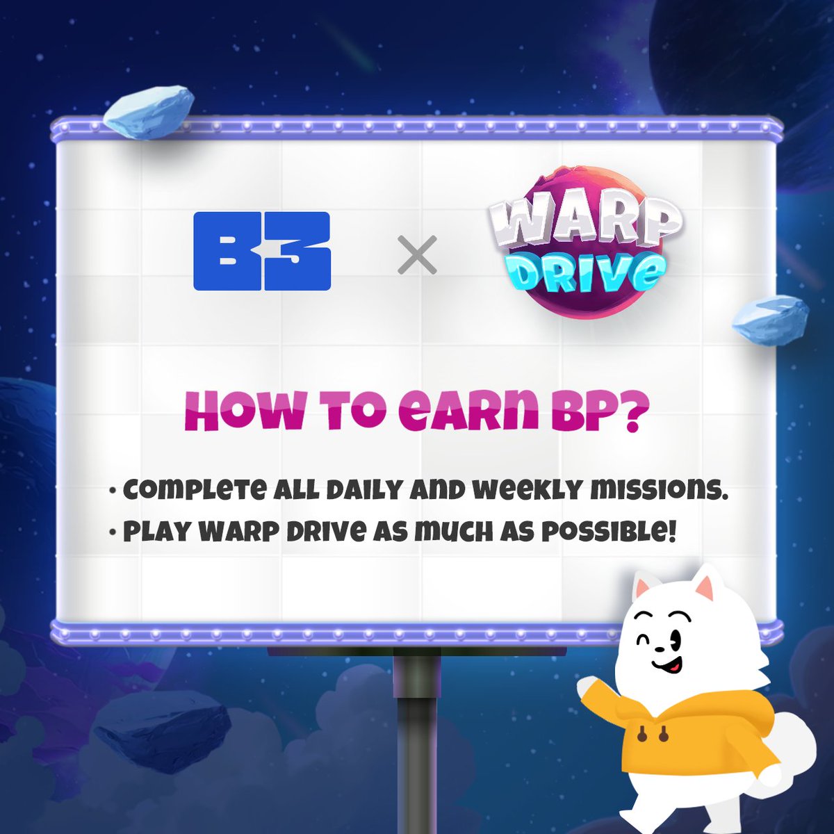 🎮 B3 Season 3 is here! 🎮
Play Warp Drive and earn Season 3 BP!
✨ 1: Complete B3 Quests to collect PBP.
🔥 2: Earn PBP weekly based on your Activity Score Rankings. 
(PBP is convertible to BP)

Stay tuned for updates!
#WarpDrive #B3 #BSMNT #BP