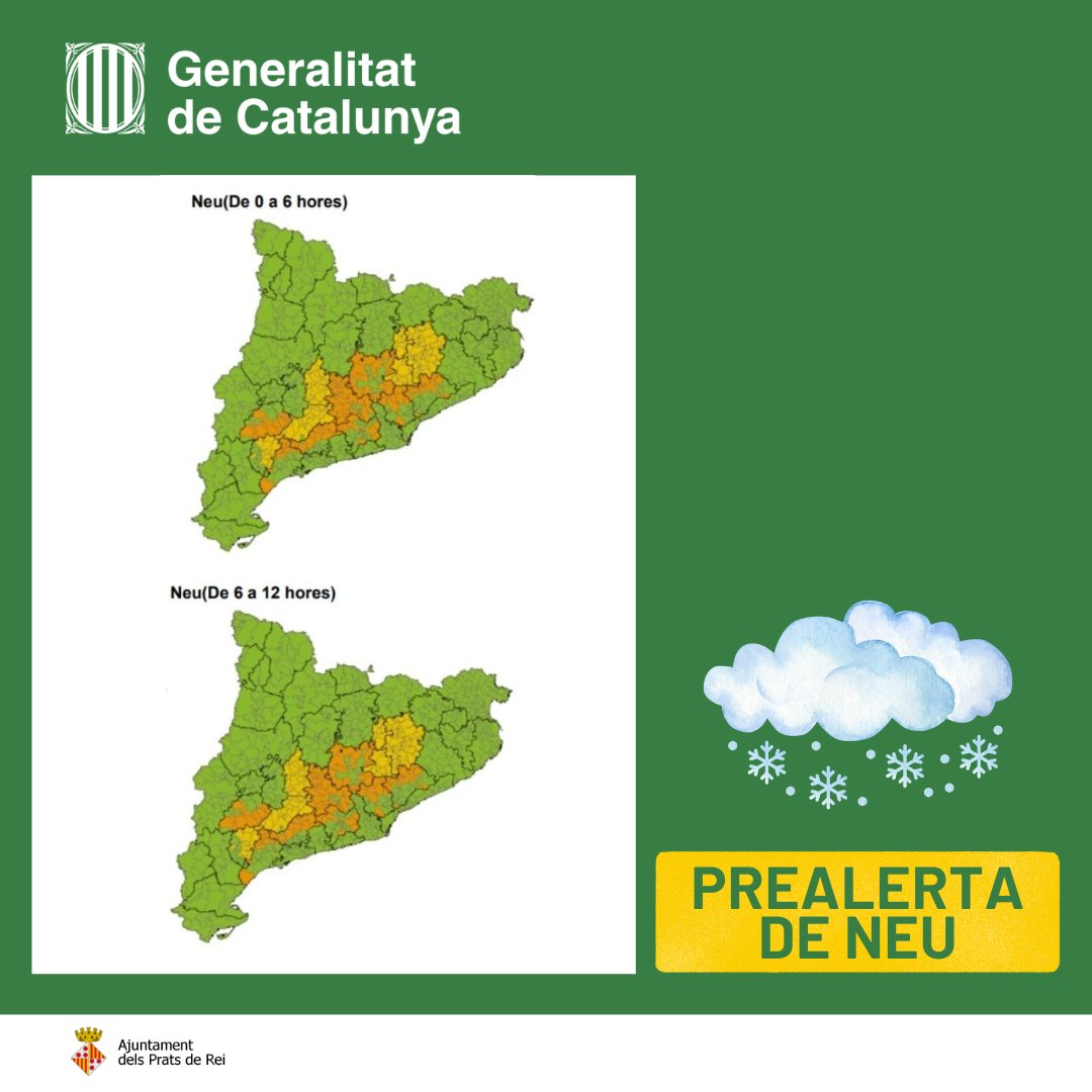 ElsPratsdeRei's tweet photo. ❄️ Ens trobem en fase de prealerta del pla #NEUCAT
De matinada i fins al migdia, hi ha probabilitat baixa d'acumulació de neu (2cm a 500 m). Cota: 400-500m 

Demanem prudència i responsabilitat. https://t.co/Iu7szk0cDo
