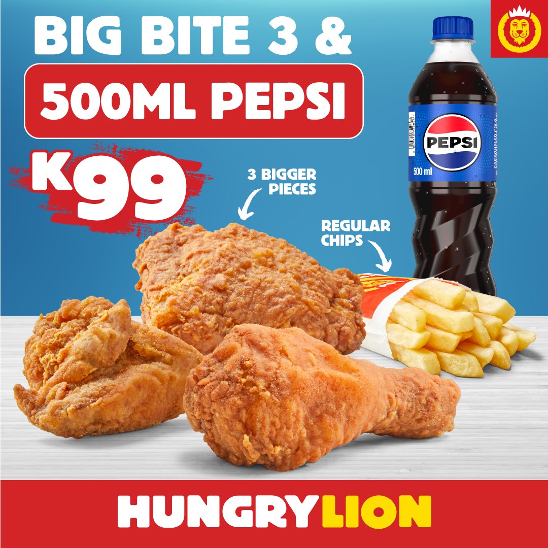 Big Bite 3 &amp; 500ml Pepsi  – All Yours for K99! 🥤🍟🍗

Treat yourself today! 😋

#HungryLionSummer #HungryLion #BigBite3