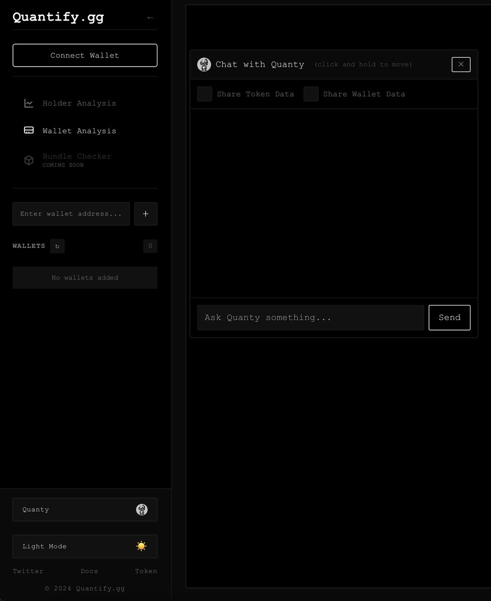 watchingmarkets's tweet photo. New features added @quantifygg 

Holder Analysis

Wallet Analysis 

Bundle Checker (coming soon)

Chat bot (Quanty) - Share Token Data / Share Wallet Data

Nothing will make me sell my $QGG

This could probably become the most important all in one tool for all Degens https://t.co/ihcWoRz2wX