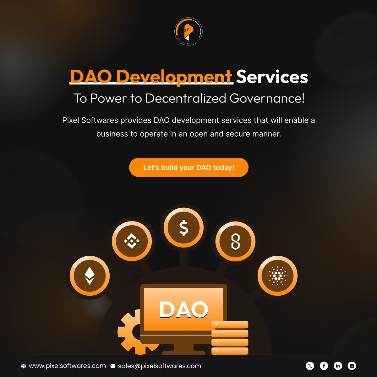 SoftwaresPixel's tweet image. Empower Decentralized Governance
DAO development enables businesses to manage operations transparently and securely.
Let’s build your DAO today!
tinyurl.com/3acbtwjf
#DAODevelopment #DecentralizedSolutions #PixelSoftwares #BlockchainInnovation