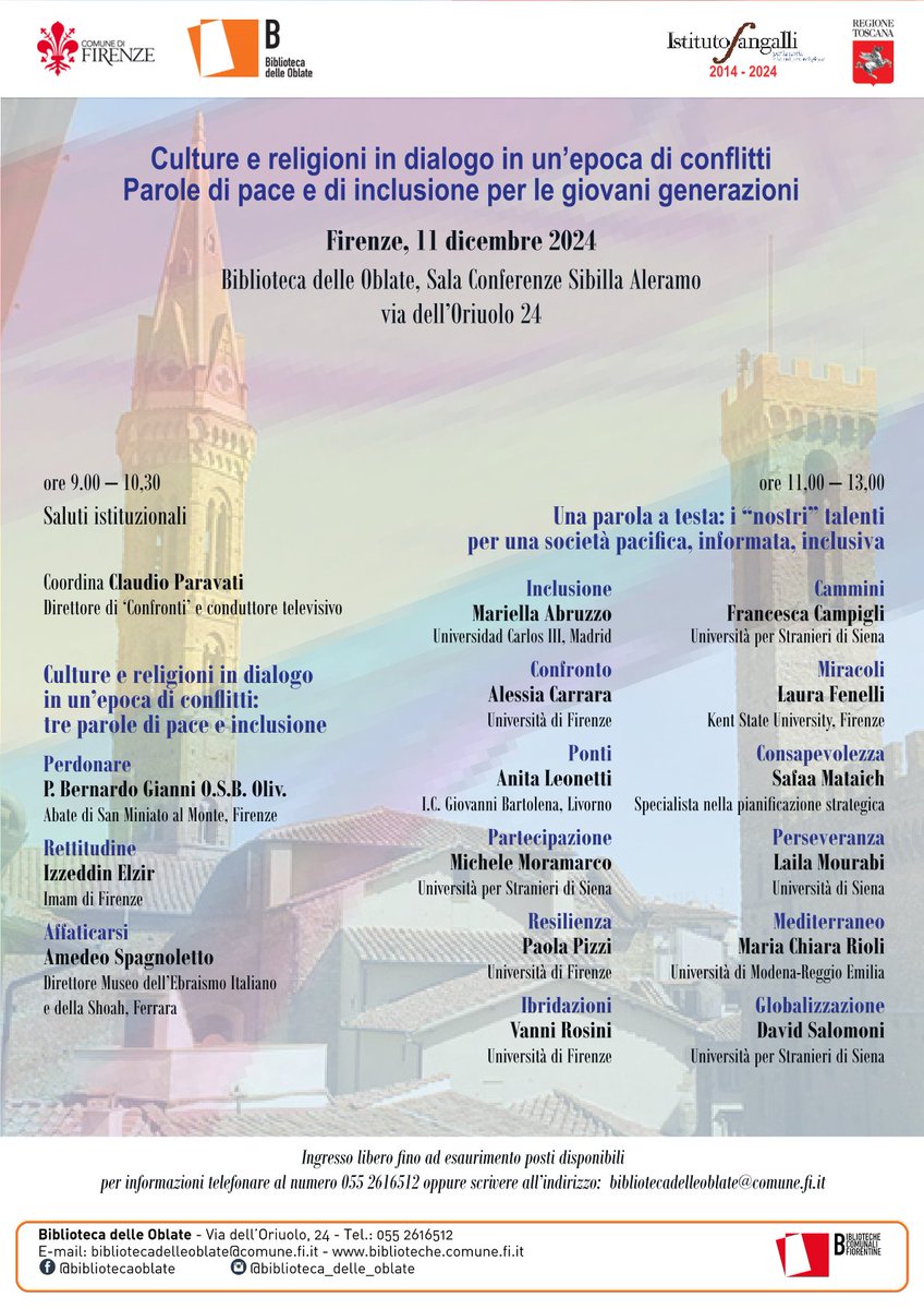 Stamattina, secondo appuntamento del nostro decennale, alla Biblioteca delle Oblate, dalle 9 alle 13. Con p. Bernardo Gianni, Izzeddin Elzir, Amedeo Spagnoletto e tanti altri.
<a href="/EugenioGiani/">Eugenio Giani</a> <a href="/sarafunaro/">Sara Funaro</a> <a href="/CGiachi/">Cristina Giachi</a> <a href="/mc_giannini/">Massimo C. Giannini</a> <a href="/ElzirI/">Izzeddin Elzir</a>