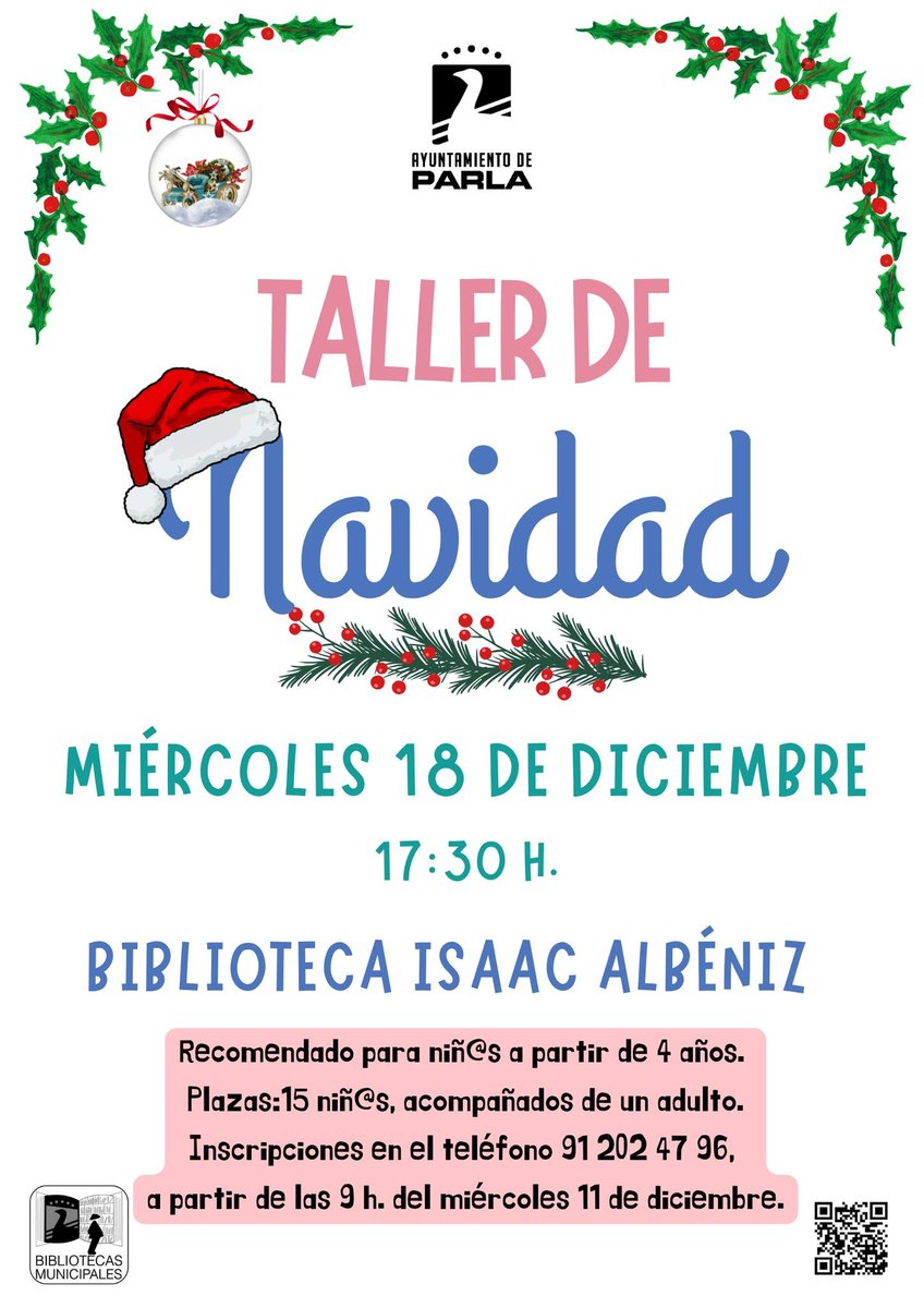 Abierta inscripción para Talleres #Navidad🎄👑🎅☃️ de <a href="/BiblioParla/">Bibliotecas Parla</a> desde 4 años👇

🎄Lunes 16 #diciembre en Gloria Fuertes 91 605 49 44
🎄Miércoles 18 en Isaac Albéniz91 202 47 96 
🪄📚Inscripción gratis llamando desde 9:00 h hasta finalización de plazas 
<a href="/CulturaParla/">ParlaEsCultura</a> <a href="/GemaGmagt/">Gema</a>