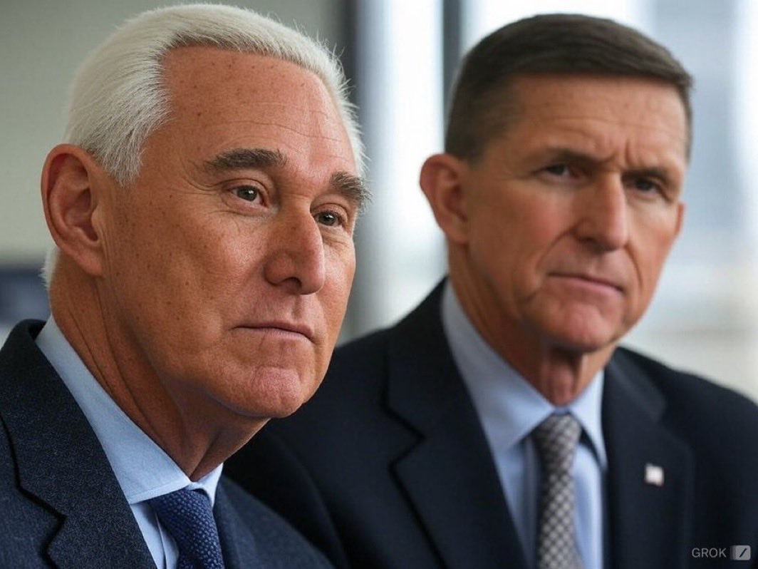 RogerJStoneJr's tweet photo. Great to see my friend ⁦@GenFlynn⁩ with President Trump at Mar-a-Lago last night . Both true American Patriots. https://t.co/nR5C3lr9bQ