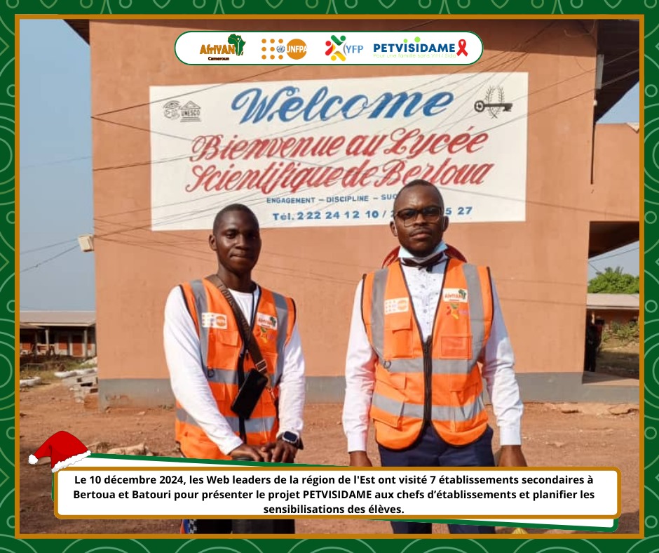 AfriYAN_Camer's tweet photo. Les Web Influenceurs de l'Est ont sillonné 7 établissements scolaires de #Bertoua et #Batouri. Objectif : présenter le projet #PETVISIDAME et définir les horaires de sensibilisation des élèves.
#YouthFP
#PutYoungPeopleFirst
@bodyright
#WebInfluenceursEst https://t.co/iN72c8LMBt