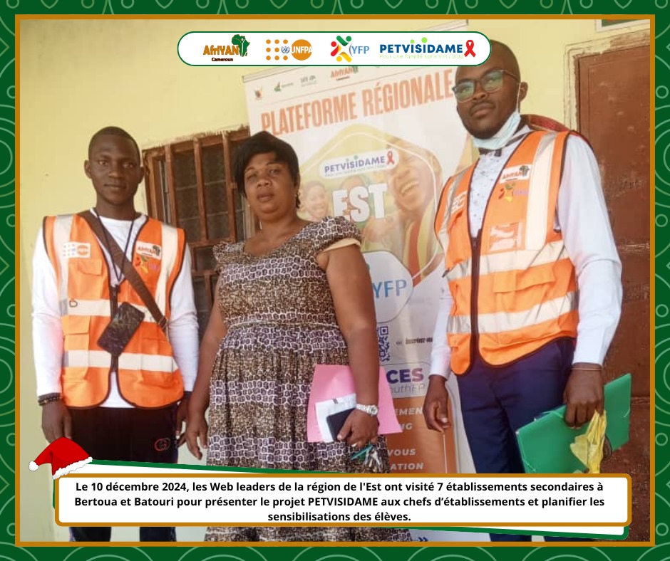 AfriYAN_Camer's tweet photo. Les Web Influenceurs de l'Est ont sillonné 7 établissements scolaires de #Bertoua et #Batouri. Objectif : présenter le projet #PETVISIDAME et définir les horaires de sensibilisation des élèves.
#YouthFP
#PutYoungPeopleFirst
@bodyright
#WebInfluenceursEst https://t.co/iN72c8LMBt
