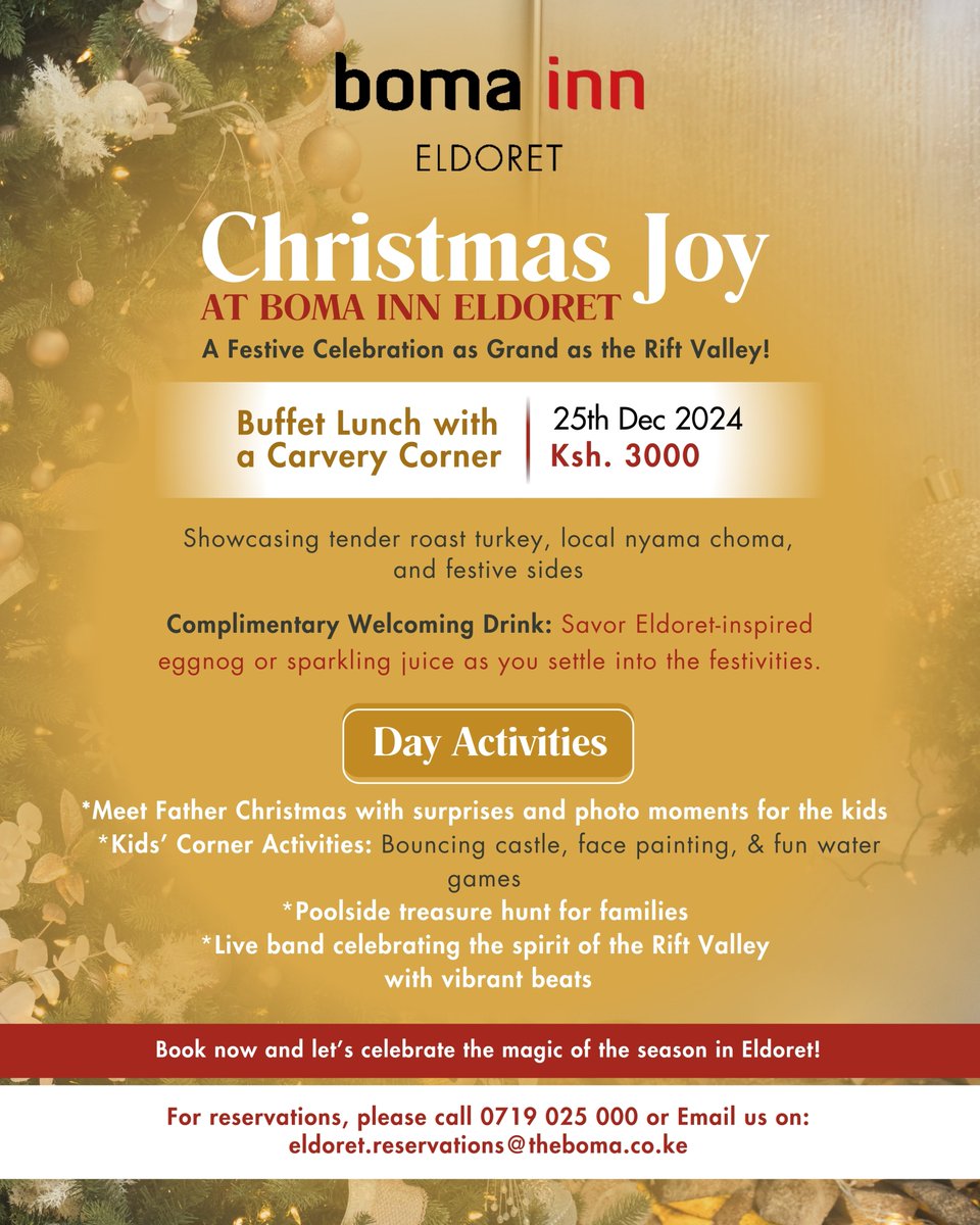 This season, a festive Christmas Eve Dinner Buffet on 24th Dec and a grand Christmas Day Buffet Lunch on 25th Dec awaits.

📞 Call 0719 025 000
or
Email eldoret.reservations@theboma.co.ke to book your spot.

#BomaInnEldoret #ChristmasOffers #Christmas #Eldoret