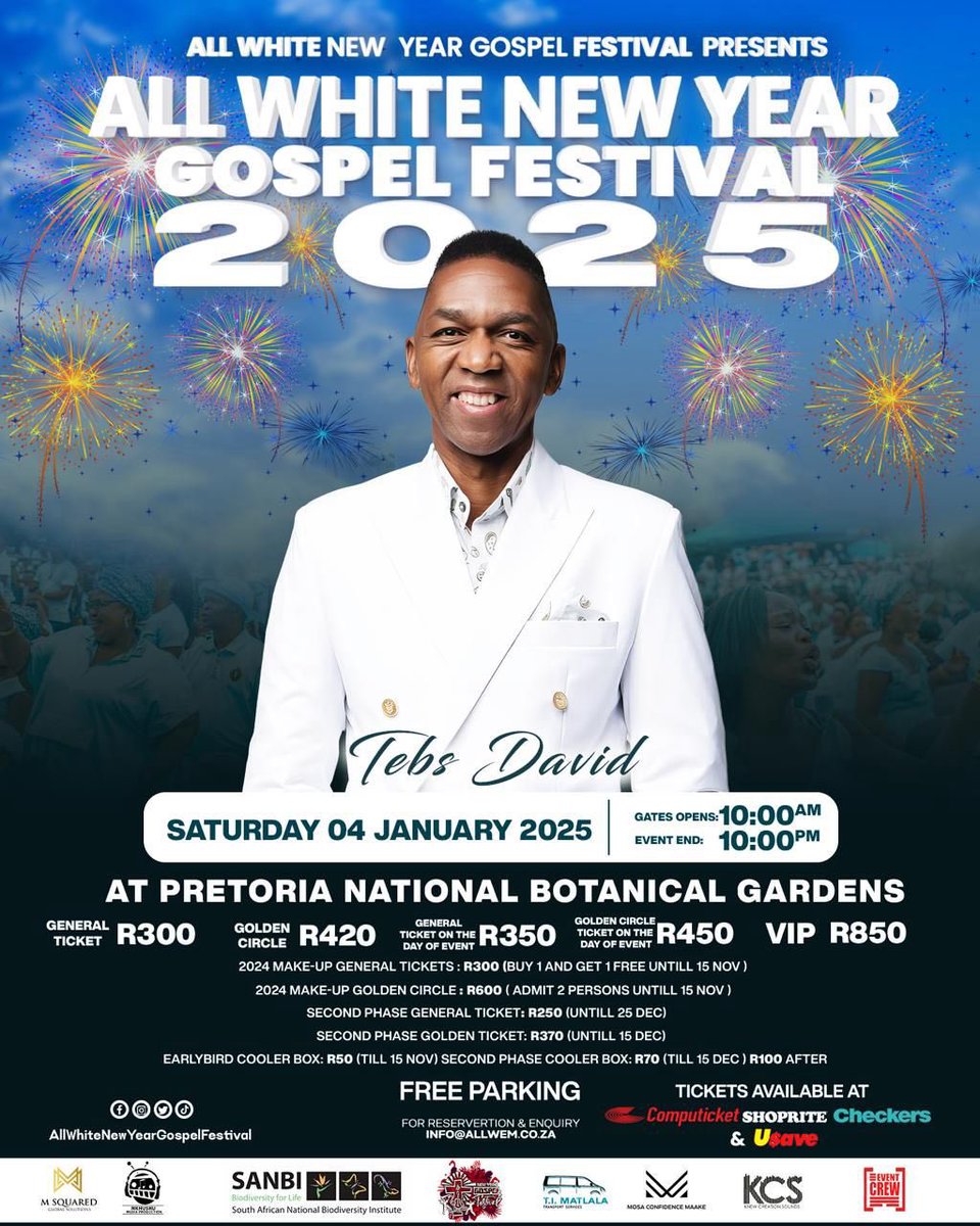 2️⃣0️⃣2️⃣5️⃣GOSPEL FESTIVAL✨It’s an ALL WHITE NEW YEAR GOSPEL FESTIVAL 🕺💃Join us on Saturday, 4 January at the pretoria_nbg 📍Tickets are available for as little as R300 at Computicket, Shoprite and Checkers🎫

#allwhitenewyeargospelfestival #gospel #tebsdavid
