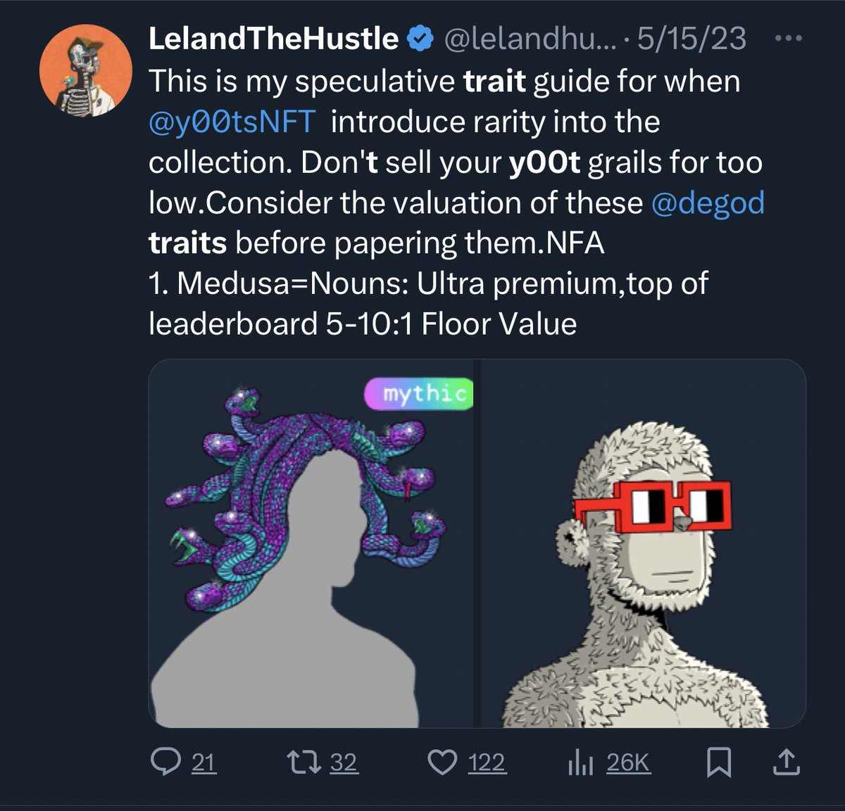 n00uns_'s tweet photo. Just found this old tweet, I’m just going to say that N00UNS are undervalued.

How is my @y00tsNFT fam doing, much love have a great week everyone

Y00T
 Y00T
  Y00T

@DeGodsNFT https://t.co/jtGwoLuNFL