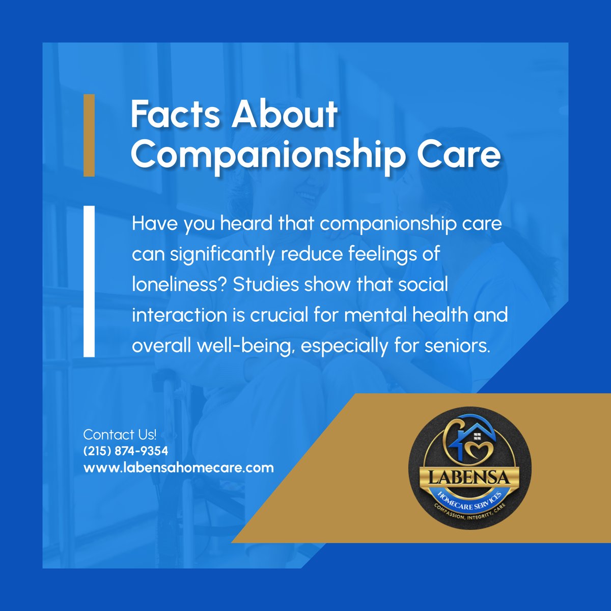 LabensaHomecare's tweet photo. Companionship care plays a vital role in enhancing the quality of life for seniors. LaBensa Homecare Services LLC is committed to providing the support and social interaction your loved ones need. 

#CompanionshipCare #OnesNeeds #QualityOfLife https://t.co/RIVSlwS8l1