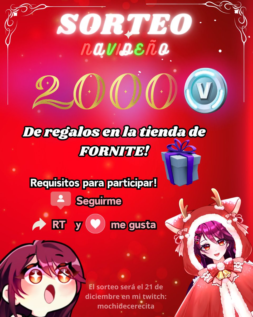 ✨¡Sorteito Navideño!🎄🎁  *ੈ✩‧₊˚  (˶˃ ᵕ ˂˶)

♡ ︎Sigueme: <a href="/mochiidecereza/">𝔪𝔬𝔠𝔥𝔦 𝔡𝔢 𝔠𝔢𝔯𝔢𝔷𝔞 ♱┃COMMS OPEN 🌸</a> ✨
♡ ︎Da Me gusta y RT .ᐟ✨

💭Para más posibilidades de ganar ( • ̀ω•́ )✧ .ᐟ

♡ Suscribirte a mi canal: Mochi de Cereza
♡ Seguir a: <a href="/KolaRealOficial/">Rated R Thatcher</a> 

#SORTEO #Fortnite