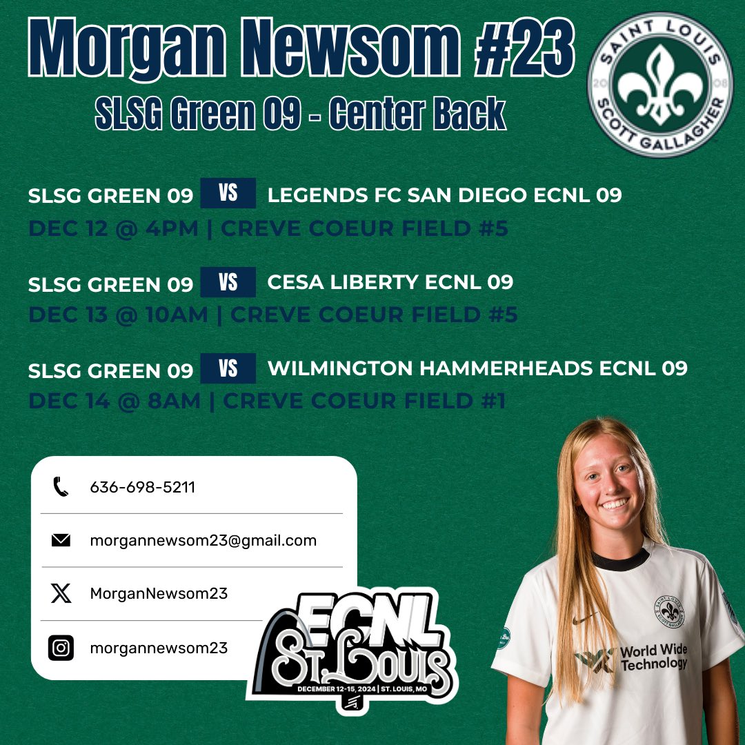 MorganNewsom23's tweet photo. Looking forward to the upcoming @ECNLgirls Showcase in St. Louis! I can’t wait for the opportunity to compete! @ImYouthSoccer @ImCollegeSoccer @SLSGECNLGirls https://t.co/j0K9eRiGet