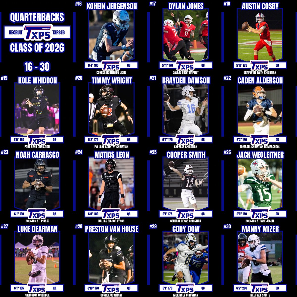 🚨 TXPSFB Class of 2026 Quarterback Rankings 🚨

#RecruitTXPSFB

Everyone on this list (and others not on it) have the ability to play at the next level. We will update this list again in the summer after spring sports/spring football and some weight room time! Keep us updated on