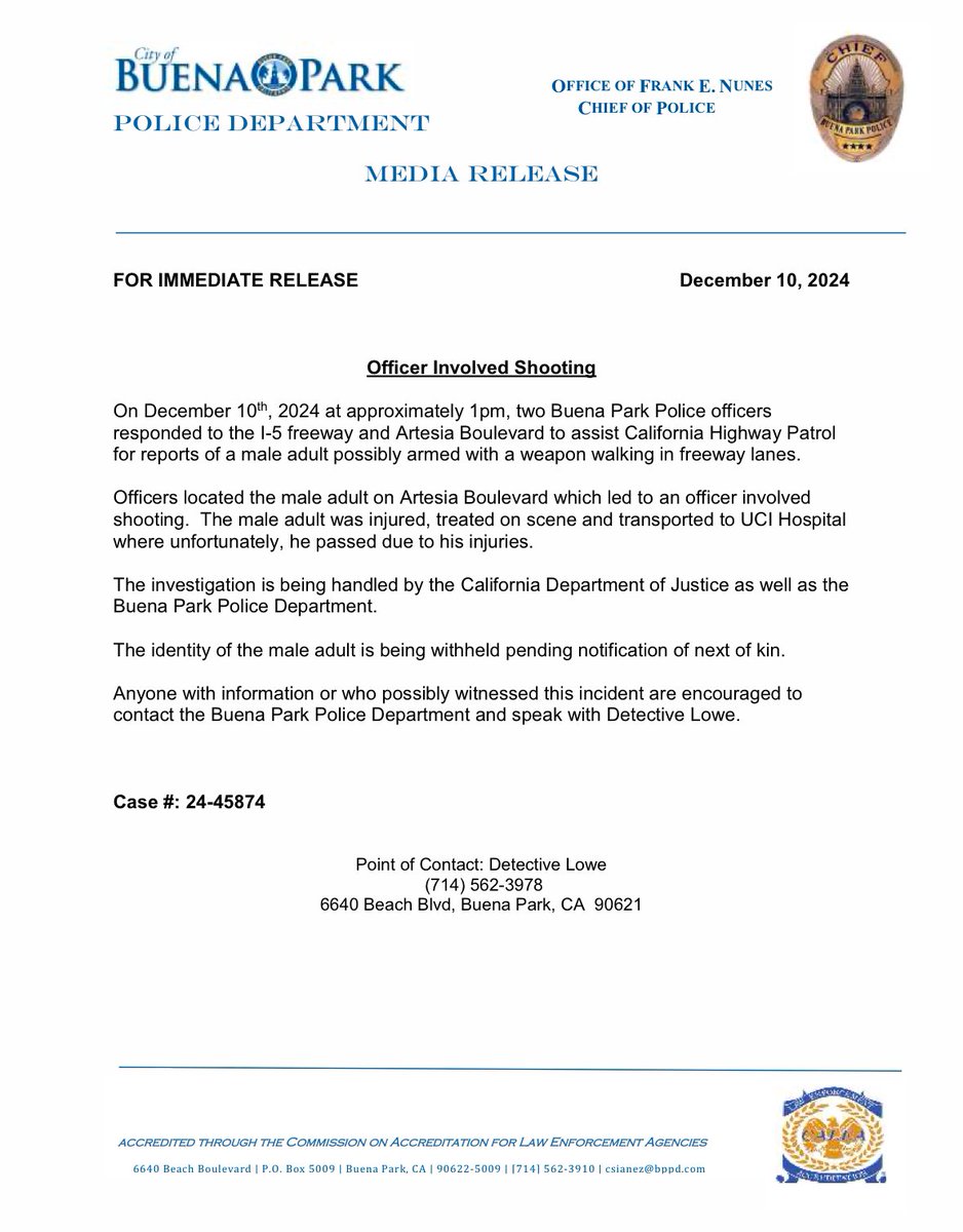 Media release reference an Officer Involved Shooting