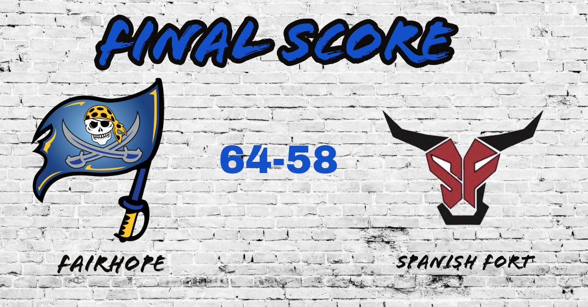 Pirates win! Fairhope defeats Spanish Fort tonight. 

Stat Leaders: 
Campbell Anderson 14 points &amp; 6 rebounds
Liz Niehuss 14 points &amp; 13 rebounds
Nylah Loukides 12 points &amp; 7 rebounds
Libby Rogers 12 points &amp; 8 rebounds