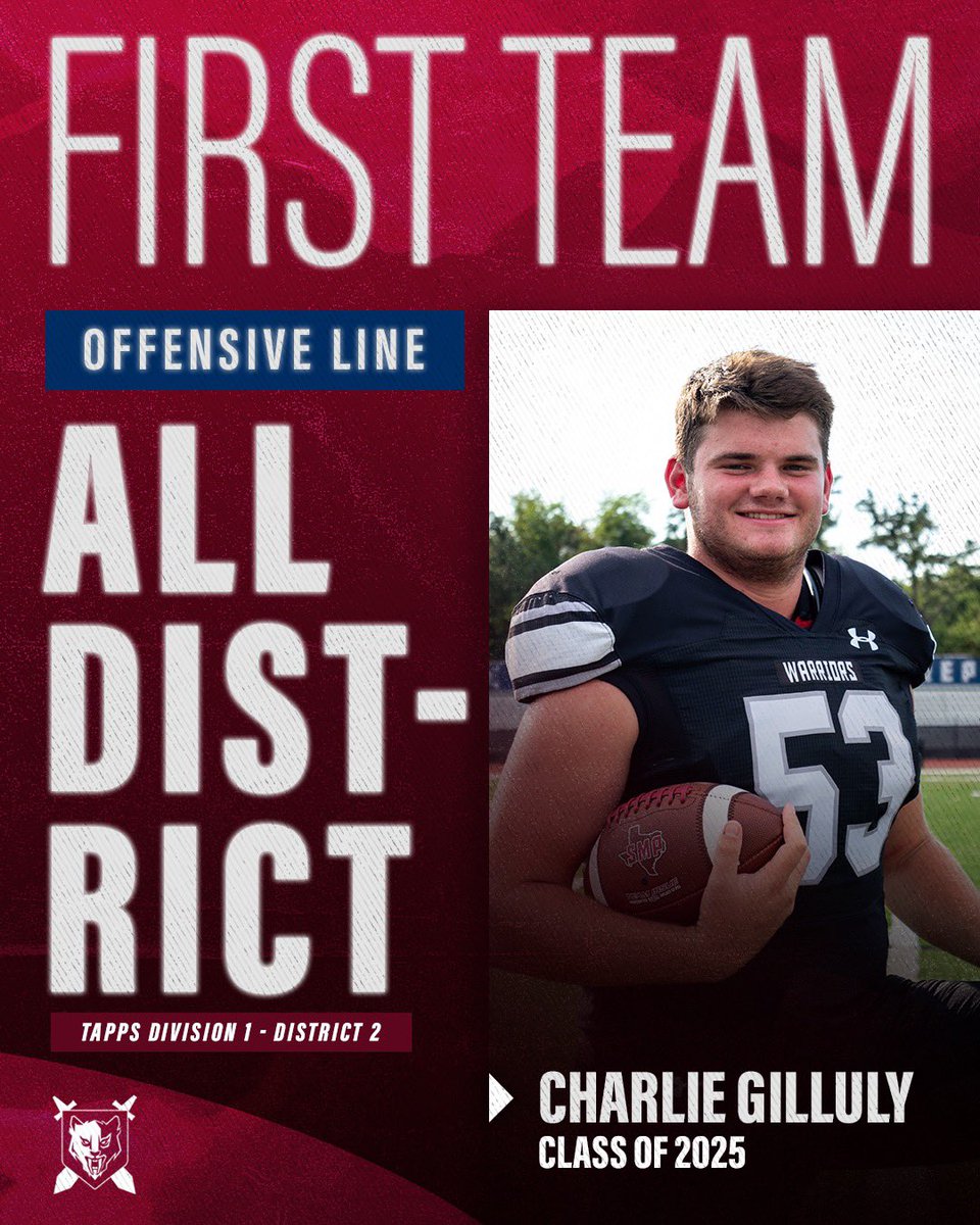 Congratulations to Charlie Gilluly for being awarded TAPPS Division 1 - District 2 First Team All-District Offensive Line! #SMPFootball #TEAC
