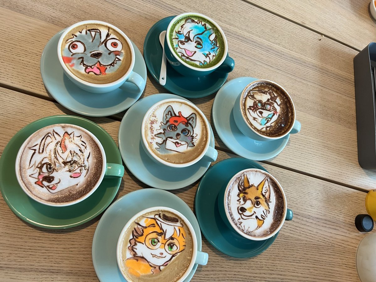 KatsukeSaito's tweet photo. Anyone from out of town who comes to #furum will most likely go through the rite of passage by having yourself drawn on coffee at this nearby cafe (no extra charge for drawing btw!)
Altho they had to get an intern artist to help alongside the expert coffee artist, but they tried! https://t.co/wM7w4xJSjZ