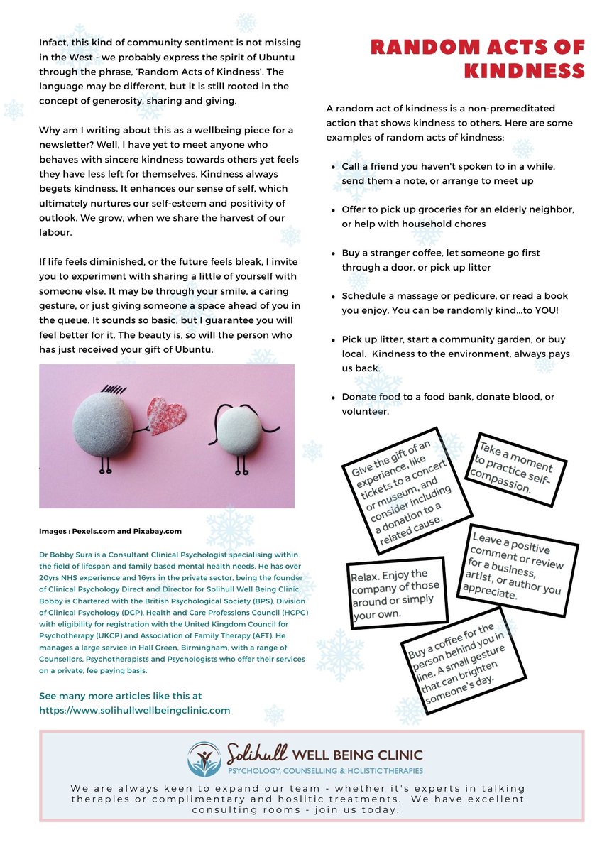 Check out our latest Newsletter - Dec 2024.  We have an interesting article on the benefits of kindness, together with dates for Meditation Sessions
#solihullwellbeingclinic