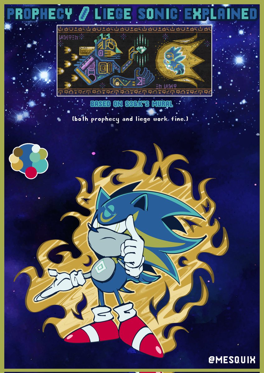 4xel10n's tweet photo. "Liege Sonic" is an alternate version of Super Sonic, one more attached to the predictions of the Equidna murals so to speak, illustrated by the talented artist @mesquix, there are a couple of very interesting alternate versions to take into account of Hyper Sonic's potential. https://t.co/GxNDpdyCmR